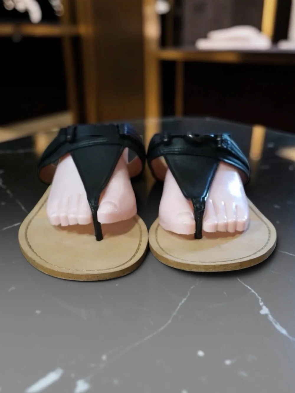 Coach Candice Turnlock Black Leather T-Strap Thong Sandal With Small Heal